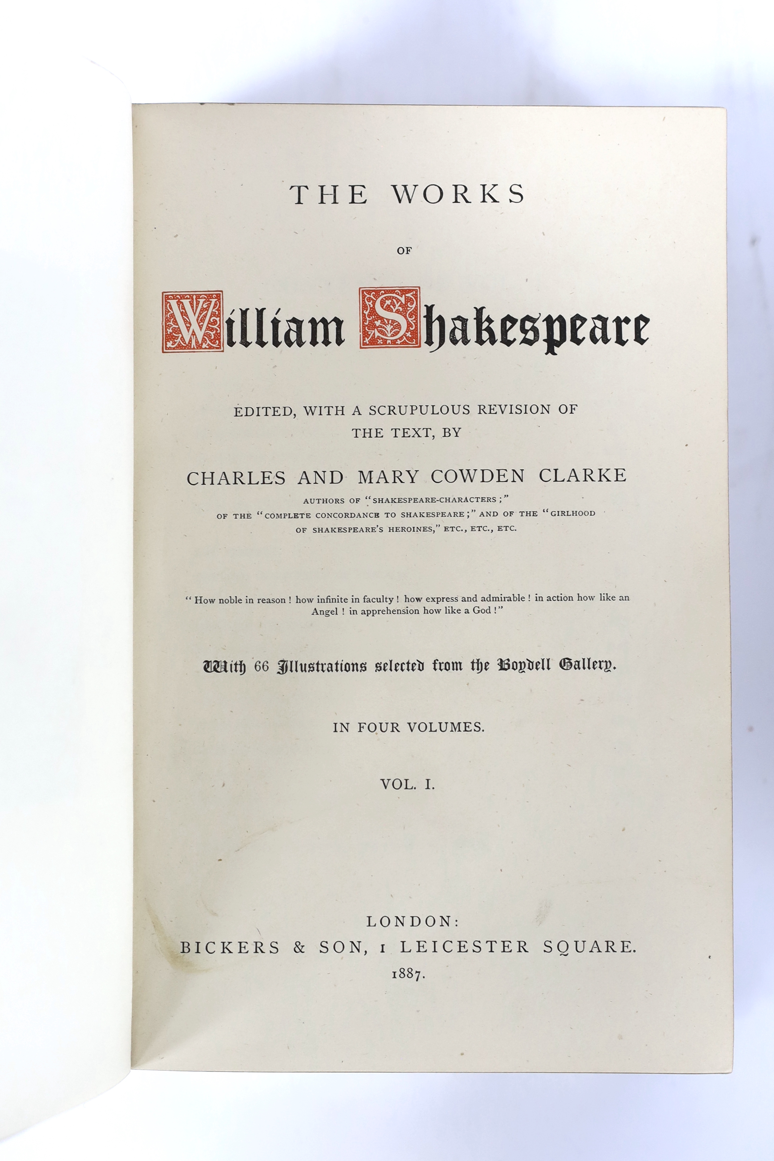 Shakespeare, William - The Works of .....edited ...by Charles and Mary Cowden Clark..., 4 vols. portrait frontis. and num. woodbury type mounted photo. illus.; contemp. gilt decorated tree calf, panelled spines with red